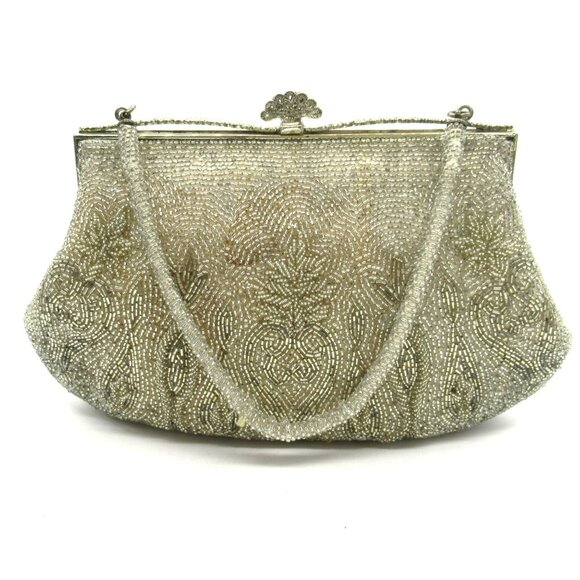 Antique Beaded Purse Heavily Beaded with Silvered Mercury Glass Beads Silver - Picture 4 of 12